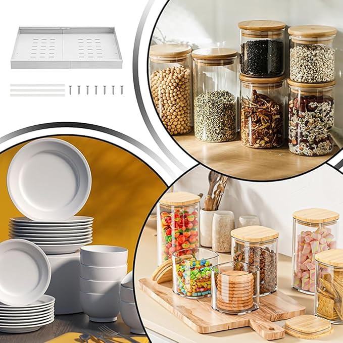 Expandable Pull-Out Cabinet, Adhesive Slide-Out Shelves,Roll-Out Drawers for Easy Access,Heavy Duty for Kitchen, Bathroom & Pantry(Black,Large)