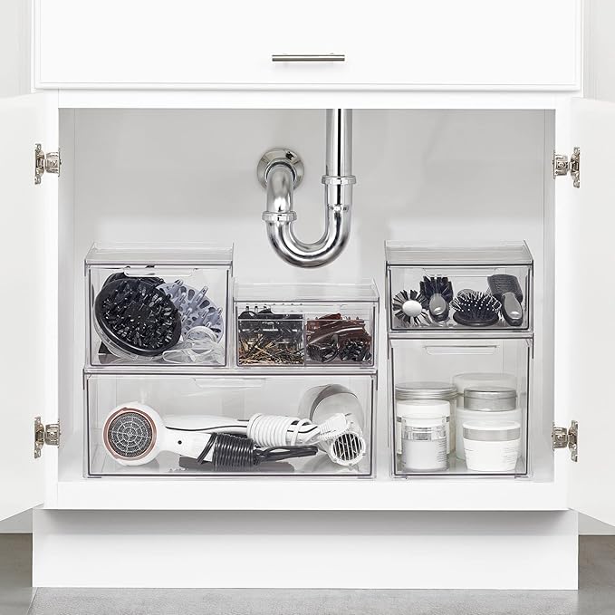 mDesign Plastic Stackable Bathroom Storage with Pull Out Bin Organizer Drawer for Cabinet, Vanity, Shelf, Cupboard, Cabinet, or Closet Organization - Lumiere Collection - Clear