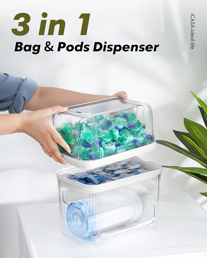 iCASA Trash Bag and Dishwasher Pod Dispenser - 3 in 1 Clear Storage Bins Holder for 13/30/33 Gallon Garbage Bags, Laundry Detergent Pods & Tabs, Under Sink Organizer for Kitchen and Laundry Room