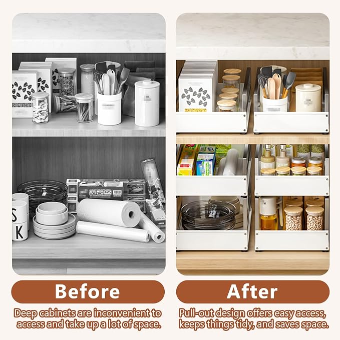 Pull Out Cabinet Organizer with Adhesive Nano Film, Heavy Duty Slide Out Pantry Shelves Drawer Storage, Metal Under Sink Organizers for Bathroom, Kitchen (White,11”W x 16.54”Dx 6.3”H)