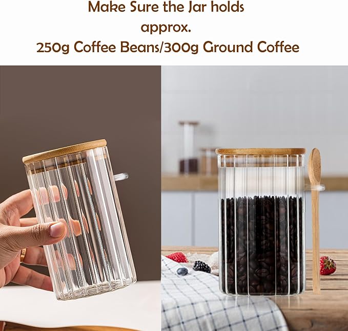 Steviieden 24 FL OZ Airtight Glass Jar with Bamboo Spoons Lids Overnight Oats Container Decorative Coffee Bar Food Storage Jar Cereal Nuts Salts Coffee Tea Flour Sugar Container Spice Jar