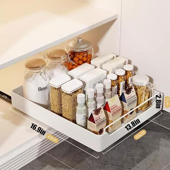 cupboardPull Out Drawer Kitchen Telescopic Drawer Retrofit Pull Slide Out Drawer with Handle Storage Shelves for Kitchen Cabinets with Adhesive Film Pull Out Drawer No Drilling
