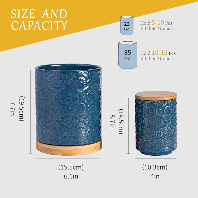 TEATALK Ceramic Canister with Airtight Lid, Cookie & Coffee Canister for Countertop, Food Storage Jar for Sugar, Tea, Matcha, Candy, Coffee Bean Container, Dark Blue, 7.7"+5.7"
