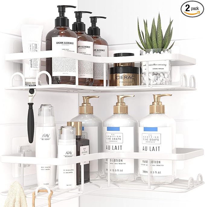 Sakugi Corner Shower Caddy - 2 Pack, Adhesive Shower Organizers, Rustproof Stainless Steel Shower Shelves with 8 Hooks, No Drilling Bathroom Organizers and Storage Racks, Space-Saving, White, Large