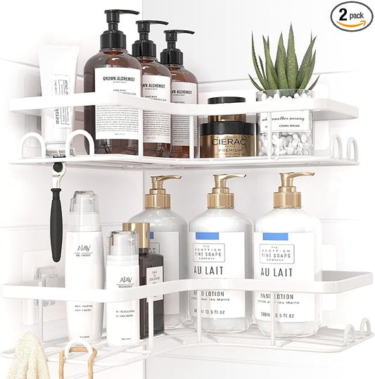 Sakugi Corner Shower Caddy - 2 Pack, Adhesive Shower Organizers, Rustproof Stainless Steel Shower Shelves with 8 Hooks, No Drilling Bathroom Organizers and Storage Racks, Space-Saving, White, Large