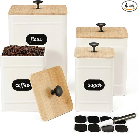 PERFNIQUE Kitchen Canisters, Airtight Canister Sets for Kitchen Counter, Kitchen Canisters for Countertop Set of 4, Coffee Tea Sugar Flour Spice Tin Jars Food Storage Container with Lid(White)