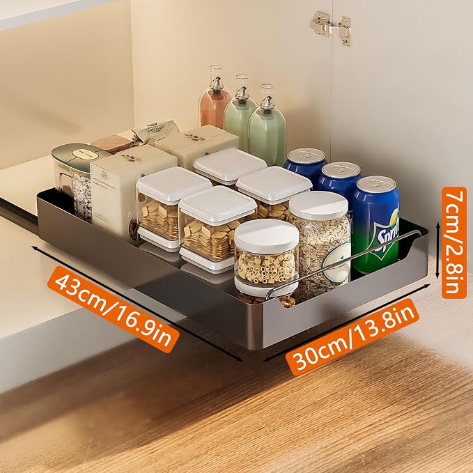 cupboardPull Out Drawer Kitchen Telescopic Drawer Retrofit Pull Slide Out Drawer with Handle Storage Shelves for Kitchen Cabinets with Adhesive Film Pull Out Drawer No Drilling