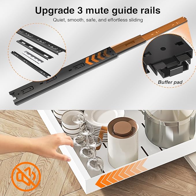 2 Pack Expandable Pull Out Cabinet Organizer, Slide Out Cabinet Shelves with 3 Quiet Rails, Nano Adhesive No Drill Roll Out Drawers for Kitchen, Pantry, Bathroom, 12.6"-20.4" W x 21" D, White