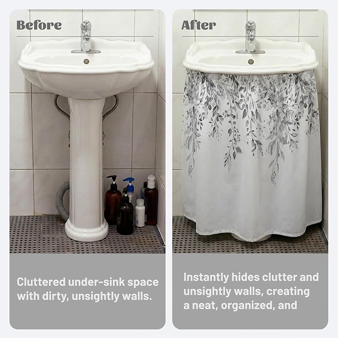 Grey Eucalyptus Sink Skirt for Bathroom, Self Stick Adhesive Waterproof Fabric, Watercolor Plant Leaves with Flora Under Sink Curtain Skirt, Pedestal Sink Accessories Decor