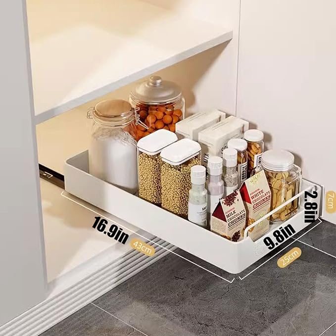 cupboardPull Out Drawer Kitchen Telescopic Drawer Retrofit Pull Slide Out Drawer with Handle Storage Shelves for Kitchen Cabinets with Adhesive Film Pull Out Drawer No Drilling