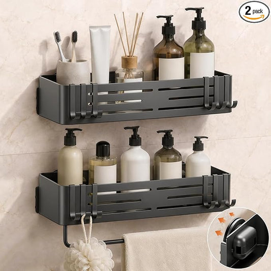 Lekesky Suction Cup Shower Caddy, No Drill Shower Shelves with a Towel Bar, Aluminum Rust Proof Bathroom Shower Organizer with 12 Hooks (2-Pack, Gunmetal Gray)