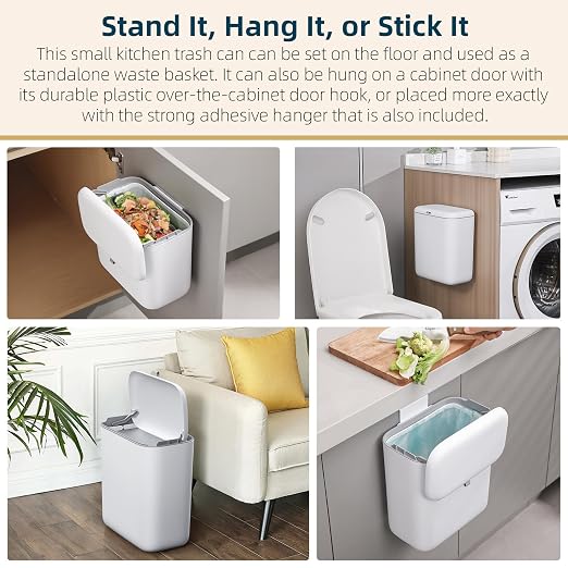 MUEE Compost Bin Kitchen for Counter Top or Under Sink, Hanging Small Trash Can with Lid [1.8 Gal/6.8L], Food Waste Bin, Mountable Garbage Can for Cupboard/Bathroom/Bedroom/Office/RV, Matte White