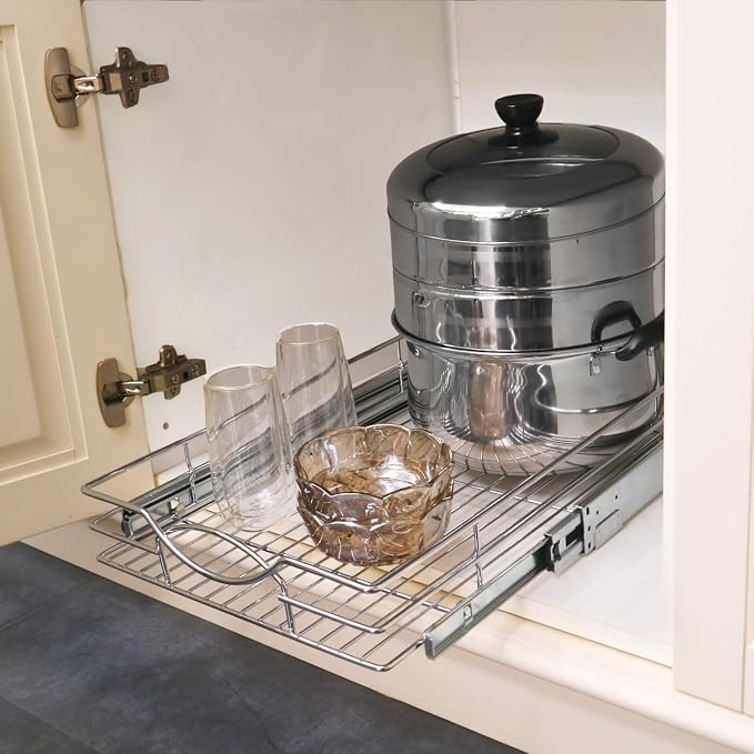 Sikarou Pull Out Cabinet Organizer 20" W x 21" D, Heavy Duty Kitchen Cabinet Pull Out Shelves, Slide Out Wire Basket for Kitchen Cabinets, Bathroom, Pantry, Chrome Finish
