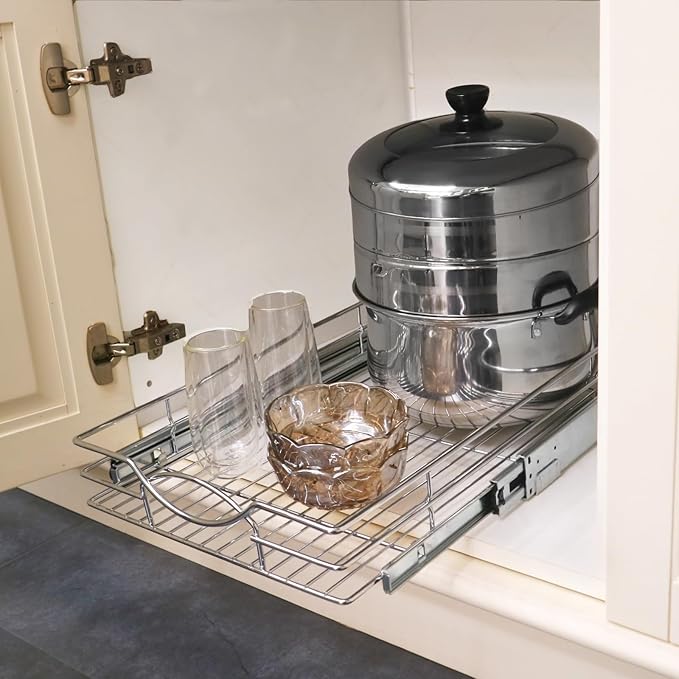 Sikarou Pull Out Cabinet Organizer 26" W x 21" D, Heavy Duty Kitchen Cabinet Pull Out Shelves, Slide Out Wire Basket for Kitchen Cabinets, Bathroom, Pantry, Chrome Finish