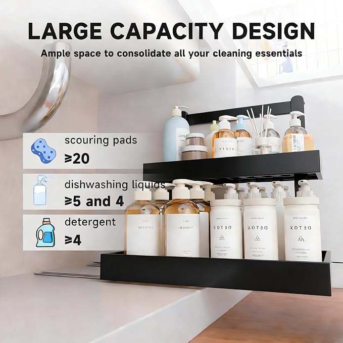 2-Tier Under Sink Pull Out Organizer, Bamboo Cabinet Storage Shelf with Adjustable Height, Slide Out for Kitchen Bathroom Pantry (Black, 1 Pack)