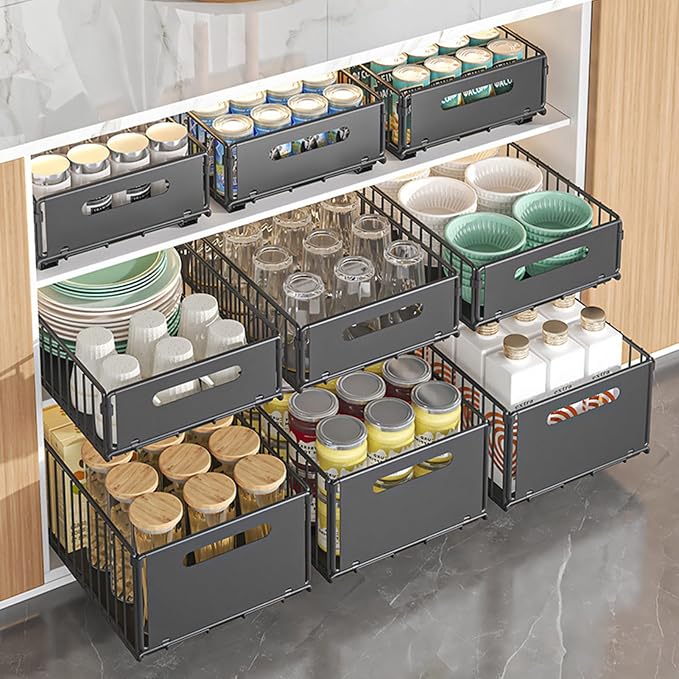Pull-out Cabinet Organizer Storage Basket Large Capacity Strong Load-Bearing Easy Installation No Drill Slide-Out Drawers Storage Racks (2pc Large)