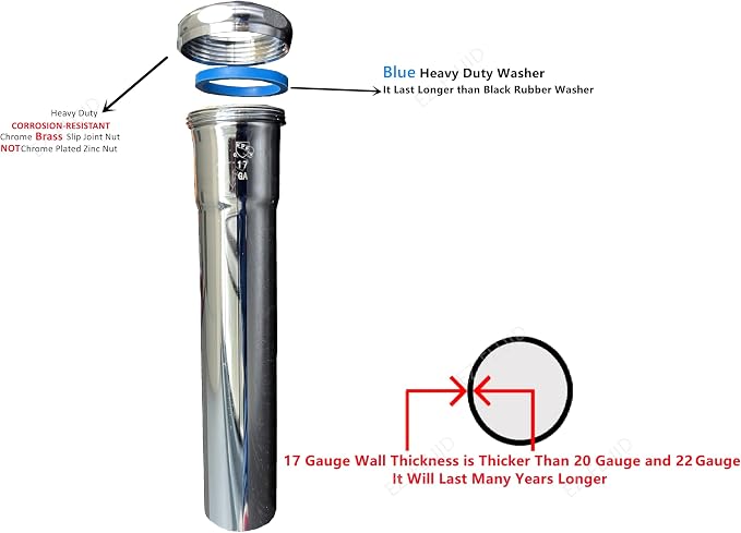 EZ-FLUID 1-1/4" x 16" Heavy Duty Thick Commercial Grade 17GA Chrome Brass Tubular Slip-Joint Extension Sink TailPiece Tube,Brass Nut For Bathroom,Kitchen Under Sink P-Trap Drain Pipe(1)