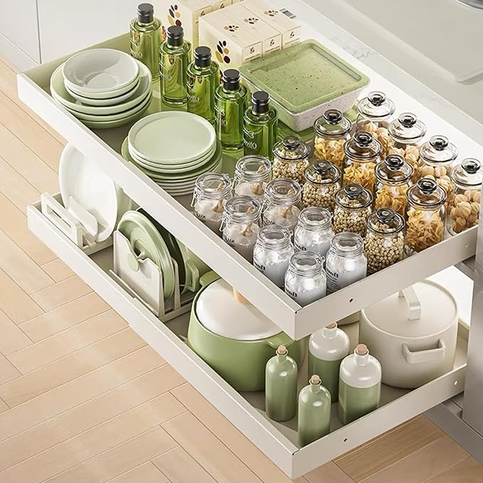 2 Pack Expandable Pull Out Cabinet Organizer 21" Deep, Upgrade 3 Slide Rails No Drill Adjustable Slide Out Drawers, Adjustable Width 12.05"-20.5" for Kitchen,Pantry,Framed Cabinets White