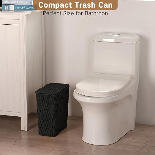 iEGrow Paper Rope Trash Can,Bathroom Trash Can with Lid, 3 Gallon Wicker Waste Basket with Removable Liner, for Bedroom, Living Room, Toilet, Under Sink Black