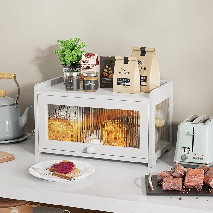 BAMBANG Bamboo Bread Box for Kitchen Countertop, Extra Large Farmhouse Bread Box with 4-Side Clear Panels, Wooden Bread Storage Container for Homemade Bread, White
