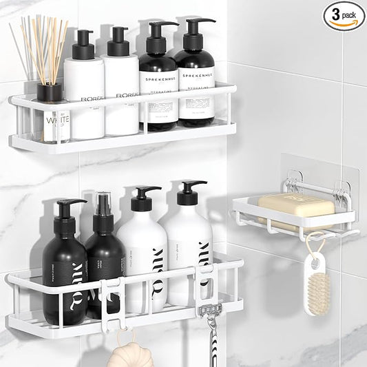 YASONIC Shower Caddy Adhesive, Rustproof Shower Organizer with Soap Holder, Large Capacity Shower Shelves for Inside Shower, No Drilling Bathroom Organizers and Storage for Home Decor（3 Pack White）
