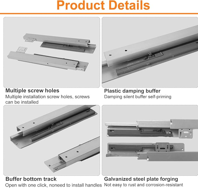 Undermount Shelf Drawer Slide Soft Close Bottom Support Under Mount Pull Out Drawer Track Full Extension Slide Out Drawer Glide Shelf Bracket for Kitchen Cabinet Trash Can Without Side Panel