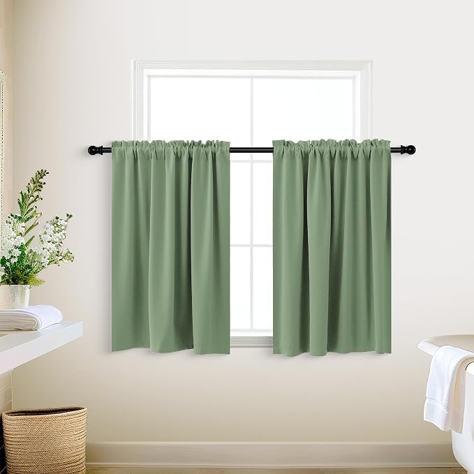 KOUFALL Bathroom Curtains Window 18 x 36 Inch,Short Blackout Boho Sage Green Decorative Privacy Curtain for Matching Shower