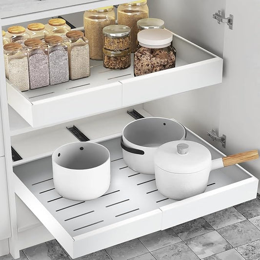 Expandable Pull Out Drawers for Cabinets(White) : Kitchen and Pantry Organizer, Sliding Cabinet Organizer with Adhesive, Under Sink and Pots Storage, Depth 16.5". expandable pull out cabinet organizer