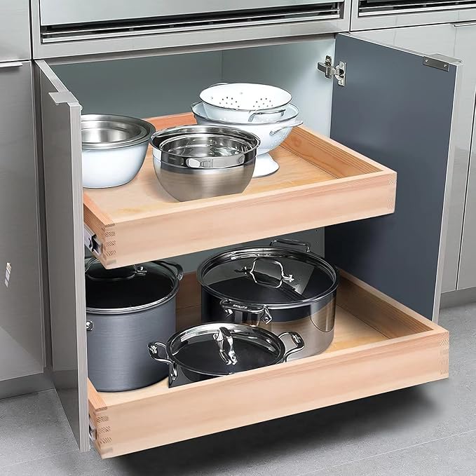 Mulush 29”W x 21”D x 3”H Soft Close Slide Out Wood Drawer Organizer for Kitchen, (Cabinet Opening>29.5 inches for Bottom Assembly, Width= 29 inches for Side Assembly)