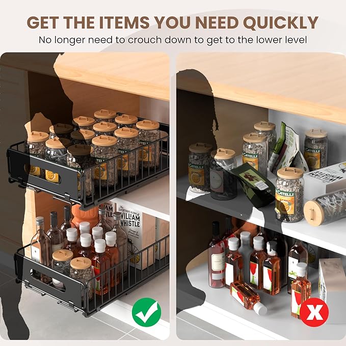 2 Pack Pull Out Cabinet Organizer, Heavy Duty Slide Out Pantry Drawers Shelves Storage With Strong Adhesive Strips and Handle for Kitchen, Bathroom, Living Room, Home (14.8"D X 9.6"W X 3.9"H)