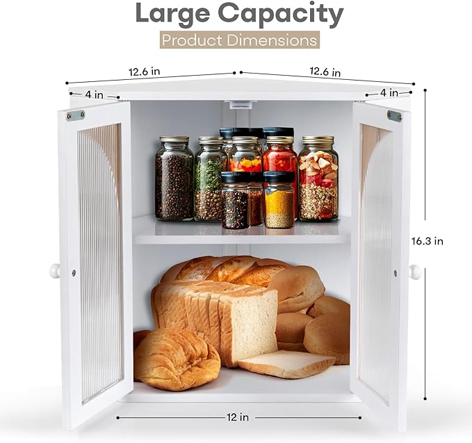Corner Bread Box for Kitchen Countertop, Double Layer Bamboo Bread Storage Container for Homemade Bread, Large Capacity Bread Holder with 3 Adjustable Height for Counter, White