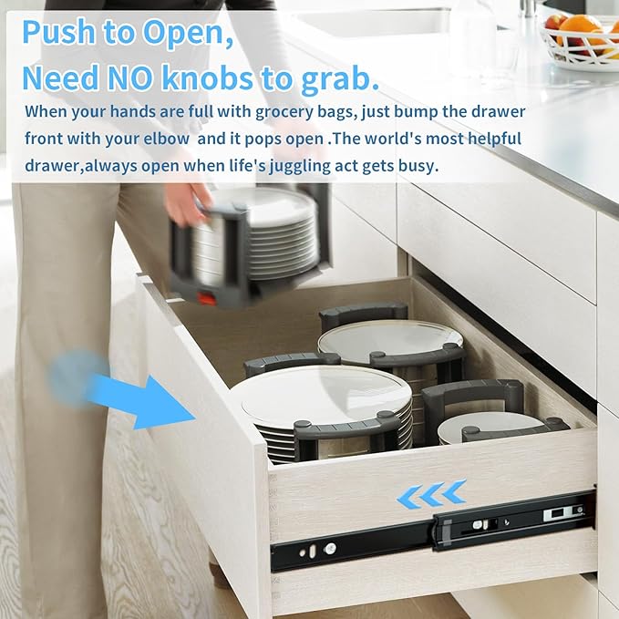 Push to Open Drawer Slides 1 Pair Full Extension 12 14 16 18 20 22 24 inch Side Mount Pull Out Kitchen Cabinet Rails Bracket Replacement Ball Bearing Tracks kit Guide Runner 100 LB Capacity