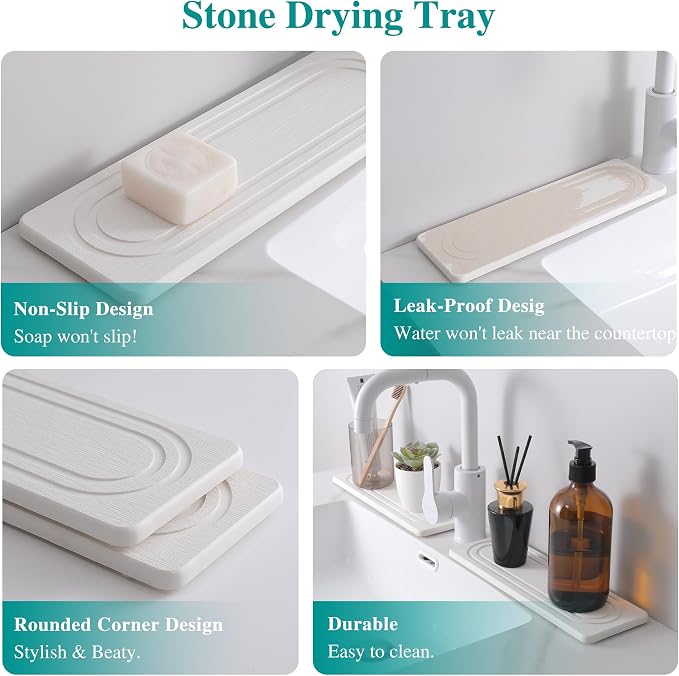 2PCS Water Absorbing Stone Tray for Sink, Quick Drying Diatomite Bathroom Tray Countertop, Stone Drying Mat for Kitchen Counter Faucet, Soap Dish Dispenser Vanity Organizer, White-11.8" x 4"