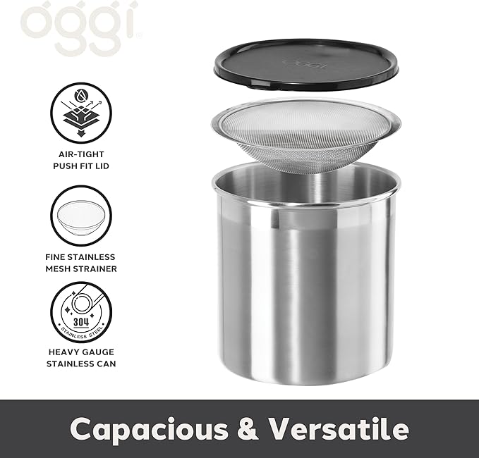 Oggi Stainless Steel Jumbo Grease Container with Removable Strainer and Snug Lid. Perfect container for fryer oil, bacon drippings, lard and ghee oil. Large capacity can - 1 Gall / 4 Qt / 3.75 Lt