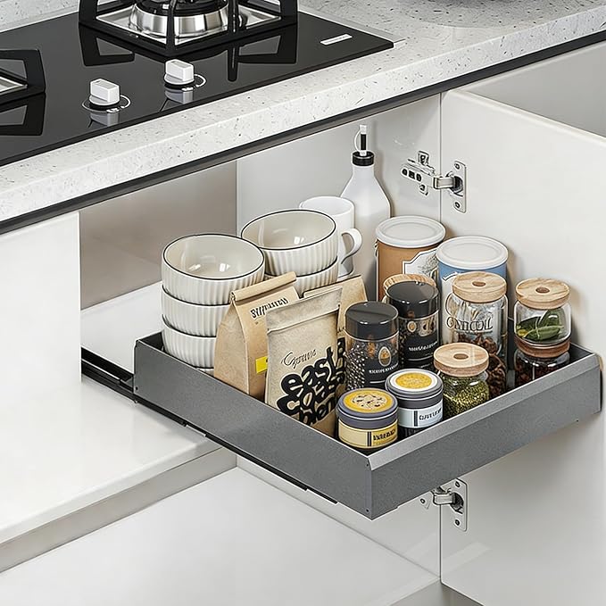 Pull Out Cabinet Organizer, Slide Out Drawers for Kitchen Cabinets, Heavy Duty Cabinet Pull Out Shelves with Adhesive Mount, No-Drill Space Aluminum Rolling Tray for Pantry, Bathroom & Base Cabinets
