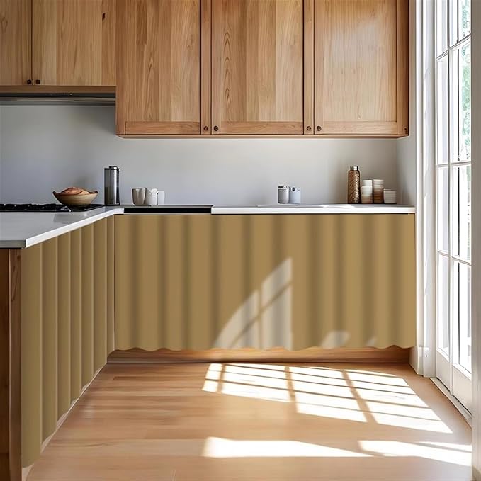 Under Sink Curtain for Closet, Privacy Short Cabinet Curtain Self Stick Adhesive Desk Skirt for Kitchen Classroom, Camel, 35" W x 32" L