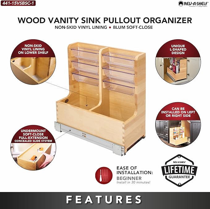 Rev-A-Shelf 30" Wood Vanity Sink Pullout Organizer Cabinet Storage with Soft-Close for Kitchen or Bathroom, Min Opening Width of 12", Maple Wood, 441-15VSBSC-1