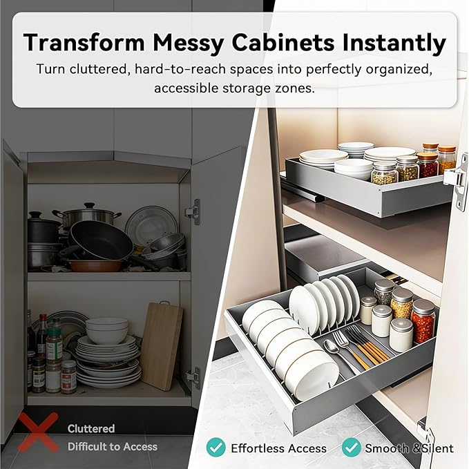 Blind Corner Cabinet Pull Out Organizer, Slide Out Kitchen Cabinet Organizer, Space Aluminum Pullout Shelves for Corner Cabinet, Under Sink Pull Out Storage for Pots and Pans