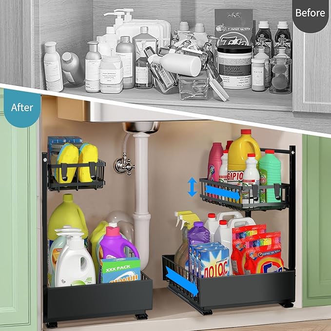 sagetta Black Under Sink Organizers with Sliding Rails Two Pack Under Kitchen Sink Organizers and Storage Pull out Kitchen Cabinet Organizer Height Adjustable Cabinet Storage Shelves Two Tiers