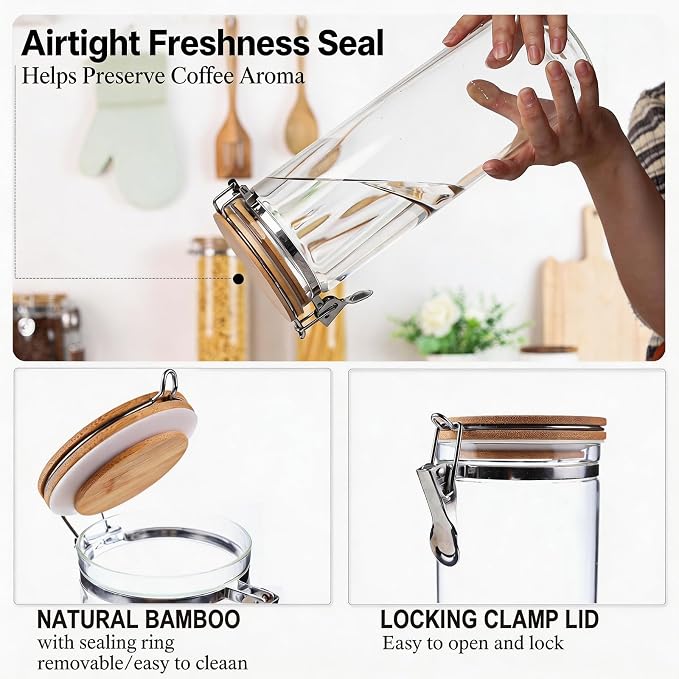 KKC Airtight Coffee Bean Containers with Bamboo Lid & Scoops, 40 oz Glass Coffee Canister Set of 2, Fits 1 lb Coffee Beans, Clear Countertop Coffee Bean Storage Jars for Coffee Station