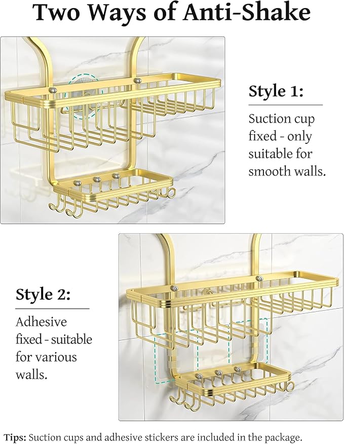 YASONIC Never Rust Shower Caddy Hanging, Aluminum Shower Racks for Inside Shower, 3-Tier Shower Organizer Hanging Over Shower Head with Hooks and Soap Holder, Gold