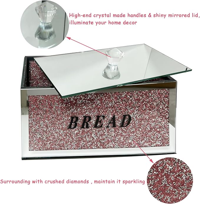 Large Crystal Glass Bread Container Box with Lid, 12.2" L x 6.3" W x 7.9" H Homemade Bread Storage, Crushed Diamond Home Decor, Keep Bread Fresh Clean, Bread Bin for Kitchen Countertop (Pink)