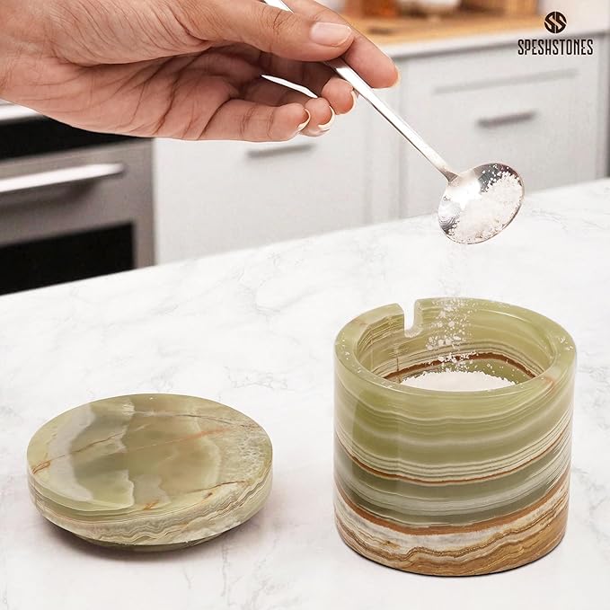 Marble Salt Cellar Green Onyx 3 Inch Handmade Stone Salt Containers for Countertop, 5.2 oz Sugar Jar with Lid and Spoon, Salt Bowl, Marble Salt Holder to Store Table & Flaky Salt