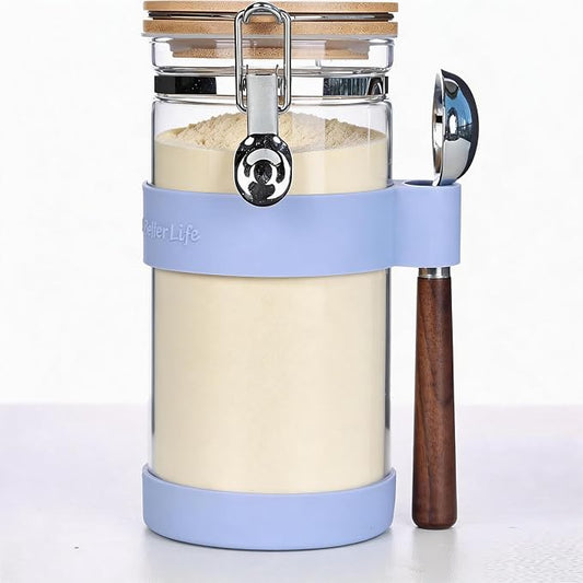 KKC Glass Protein Powder Container, 40oz Airtight Collagen Storage Jars with Bamboo Lids & 1 TBSP Measuring Spoons - Wide Mouth Aesthetic Countertop Dispenser Organizer for Kitchen, Smoothie Bar