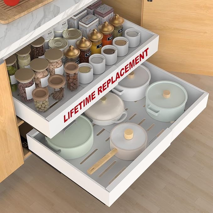 ANTOWIN 1-Pack Expandable Pull Out Cabinet Organizer 21"Deep(12.2"-20.5"W), 3 Full Extension Glides Slide Out Drawers, Roll Out Shelves Adhesive Raising Pad,Compatible Framed Cabinets,90lb Cap,White