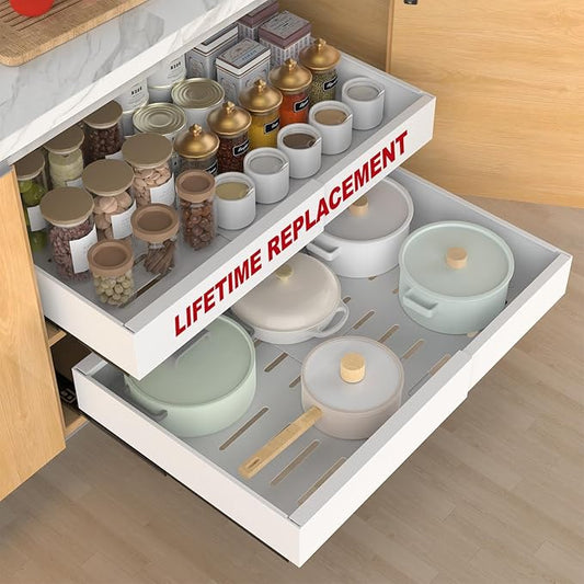 ANTOWIN 1-Pack Expandable Pull Out Cabinet Organizer 21"Deep(12.2"-20.5"W), 3 Full Extension Glides Slide Out Drawers, Roll Out Shelves Adhesive Raising Pad,Compatible Framed Cabinets,90lb Cap,White