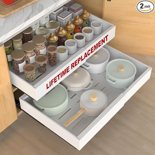 ANTOWIN 2-Pack Expandable Pull Out Cabinet Organizer 21" Deep(15.3"-26" W), 3 Full Extension Glides Slide Out Drawers, Roll Out Shelves Adhesive Raising Pad,Compatible Framed Cabinets,90lb Cap,White