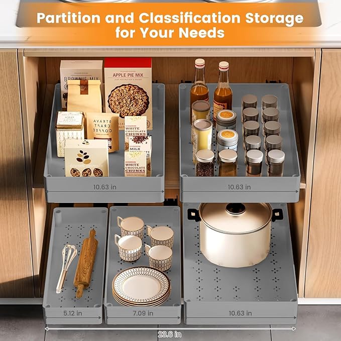 CuisinSmart Expandable Pull Out Cabinet Organizer, 15.75'' Deep Pull Out Drawers for Cabinet, Roll Out Drawer Adjustable Adhesive No Drill Screw Slide Out Drawers for Kitchen Gray S