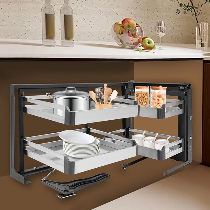 2-Tier Stainless Steel Pull out Organizer, Ideal Slide out Spice Rack for Cabinet, Blind Corner Cabinet with 4 Baskets (Pull-Out to Right)
