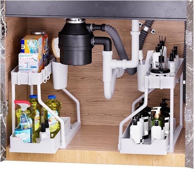 2-Tier Pull-Out Storage Organizer - Space-Saving Kitchen and Bathroom Essentials Organizer with Large Capacity Drawer(White-2 ties-2 Pack)